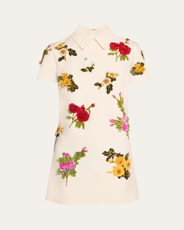 Floral Embroidered Mini Wool Shift Dress